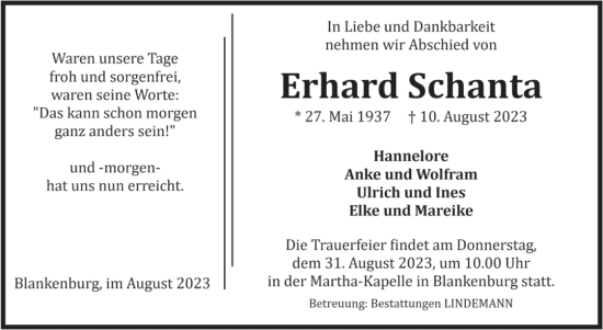 Traueranzeige von Erhard Schanta von Volksstimme Wernigerode