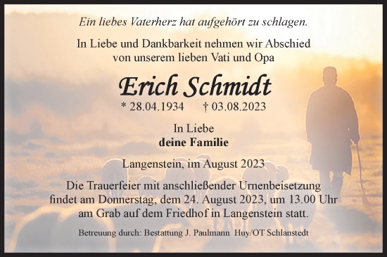 Traueranzeige von Erich Schmidt von Volksstimme Halberstadt