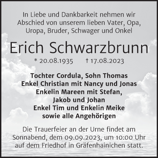 Traueranzeige von Erich Schwarzbrunn von Trauerkombi Wittenberg