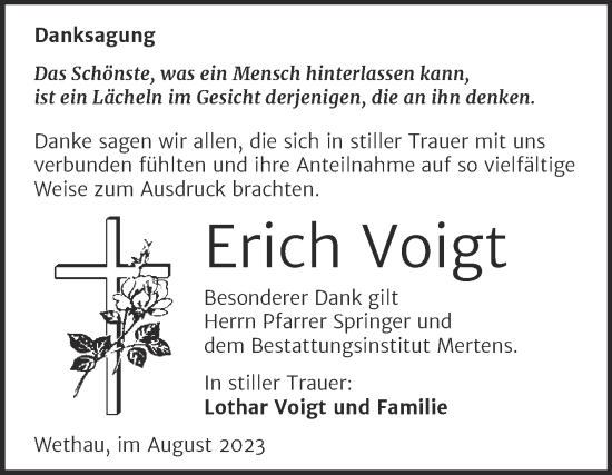 Traueranzeige von Erich Voigt von Naumburger Tageblatt