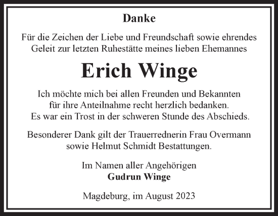 Traueranzeige von Erich Winge von Volksstimme Magdeburg