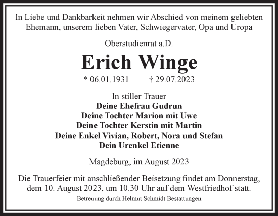 Traueranzeige von Erich Winge von Volksstimme Magdeburg
