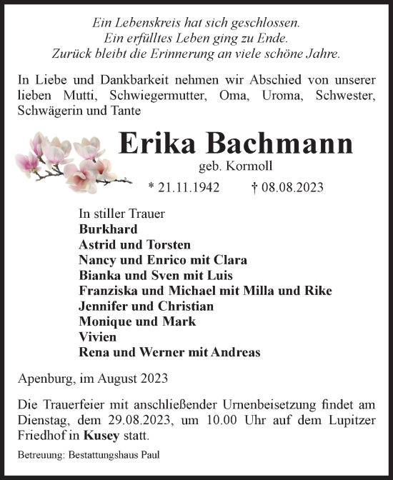 Traueranzeige von Erika Bachmann von Volksstimme Altmark West