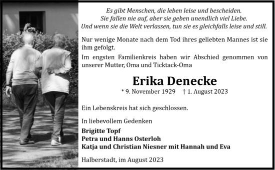 Traueranzeige von Erika Denecke von Volksstimme Halberstadt