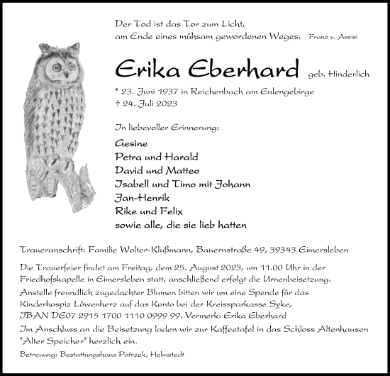 Traueranzeige von Erika Eberhard von Volksstimme Haldensleben/Wolmirstedt