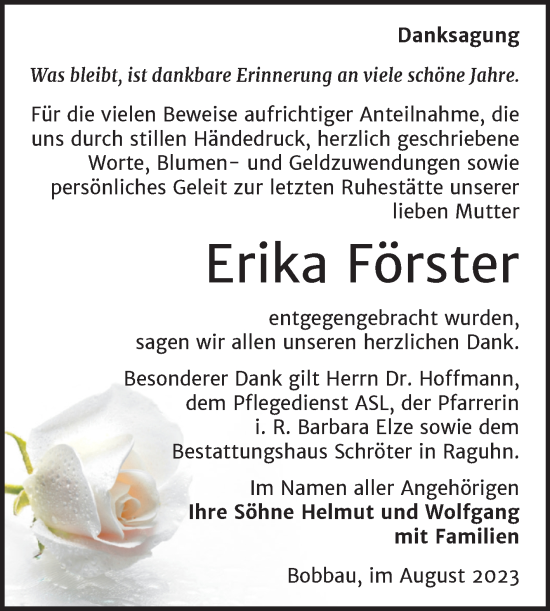 Traueranzeige von Erika Förster von Trauerkombi Bitterfeld