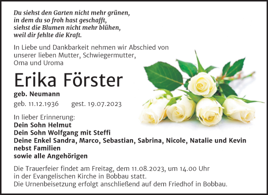 Traueranzeige von Erika Förster von Trauerkombi Bitterfeld