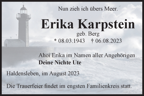 Traueranzeige von Erika Karpstein von Volksstimme Haldensleben/Wolmirstedt
