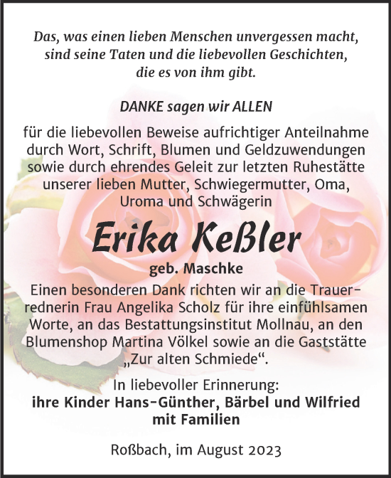 Traueranzeige von Erika Keßler von Trauerkombi Merseburg