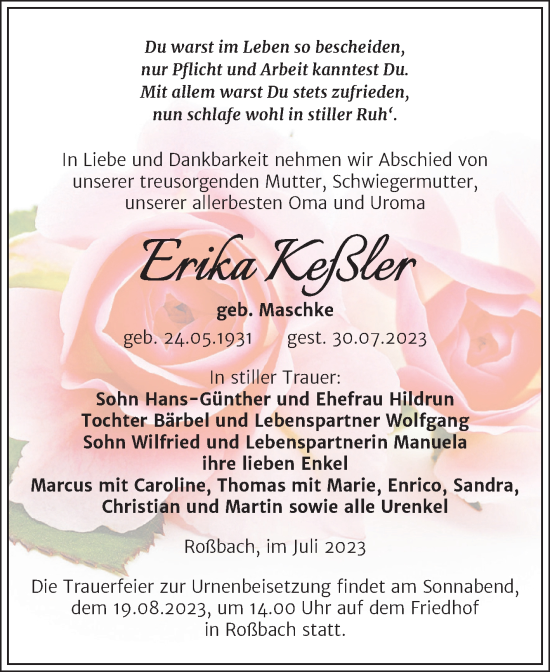 Traueranzeige von Erika Keßler von Trauerkombi Merseburg