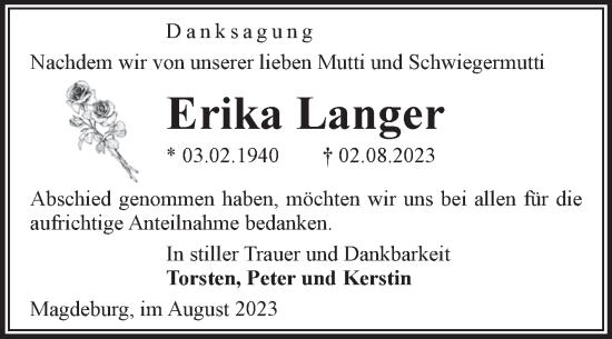 Traueranzeige von Erika Langer von Volksstimme Magdeburg