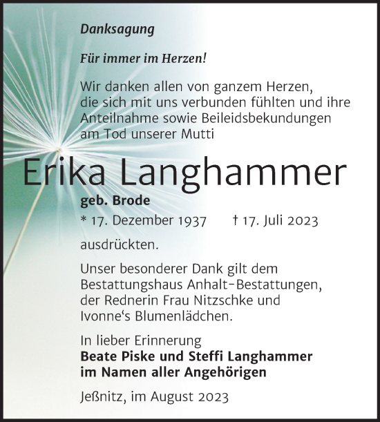 Traueranzeige von Erika Langhammer von Trauerkombi Bitterfeld