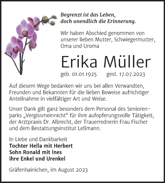 Traueranzeige von Erika Müller von Trauerkombi Wittenberg