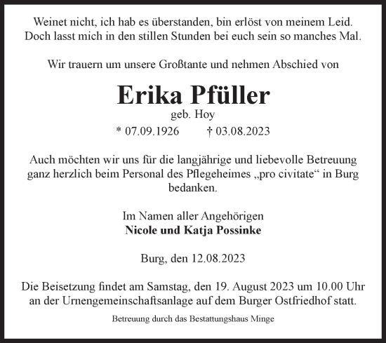 Traueranzeige von Erika Pfüller von Volksstimme Burg/Genthin