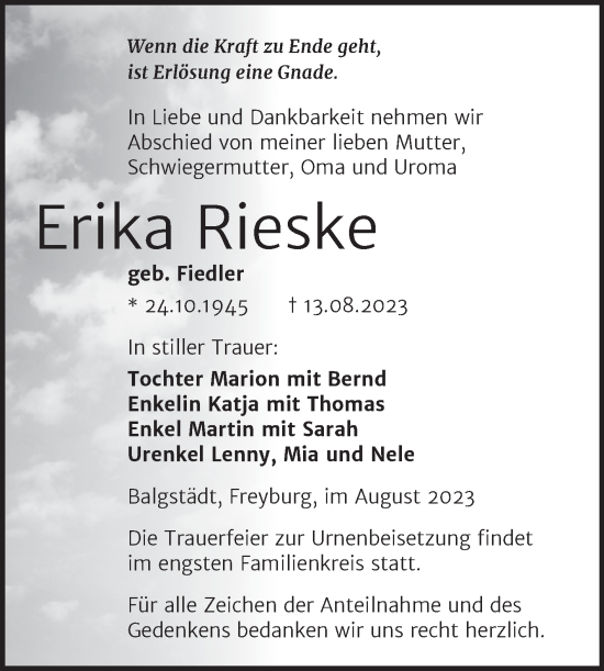 Traueranzeige von Erika Rieske von Wochenspiegel Naumburg/Nebra