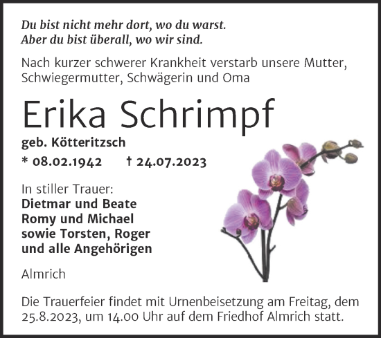 Traueranzeige von Erika Schrimpf von Wochenspiegel Naumburg/Nebra