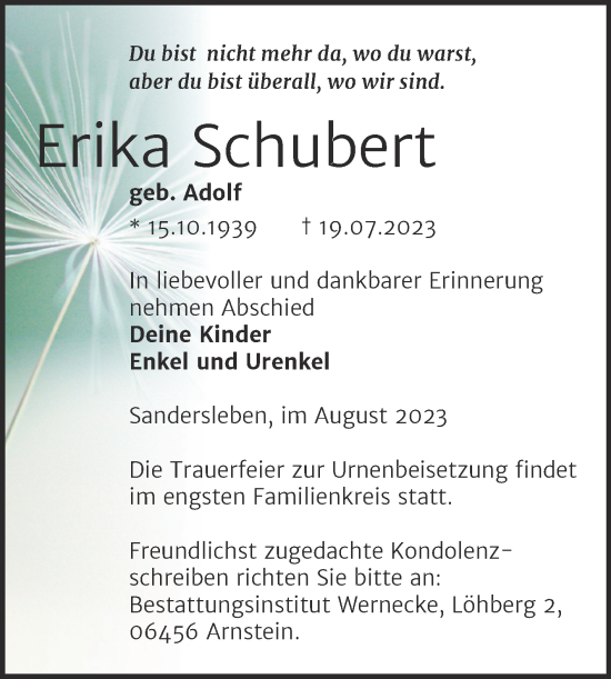 Traueranzeige von Erika Schubert von Trauerkombi Mansfelder Land