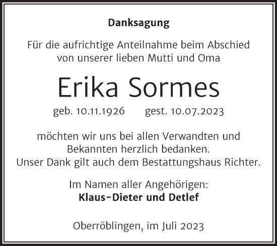 Traueranzeige von Erika Sormes von Mitteldeutsche Zeitung Sangerhausen