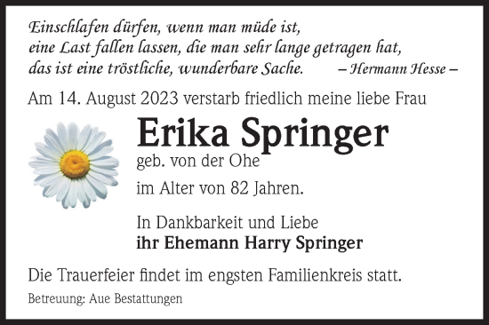 Traueranzeige von Erika Springer von Volksstimme Magdeburg
