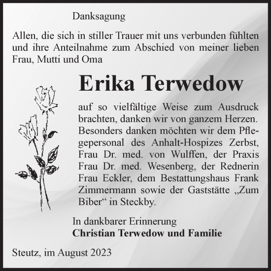 Traueranzeige von Erika Terwedow von Volksstimme Zerbst