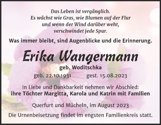 Traueranzeige von Erika Wangermann von Trauerkombi Merseburg
