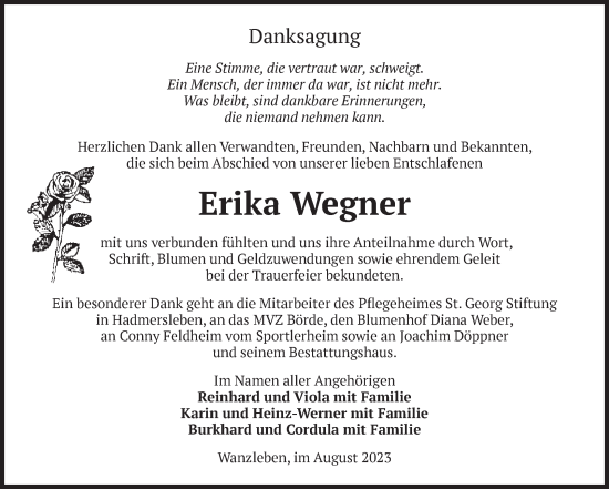 Traueranzeige von Erika Wegner von Volksstimme Oschersleben/Wanzleben