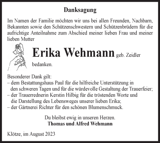 Traueranzeige von Erika Wehmann von Volksstimme Altmark West