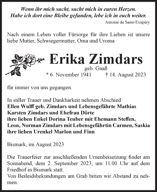 Traueranzeige von Erika Zimdars von Volksstimme Altmark Ost