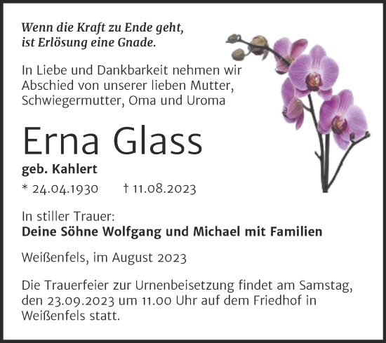 Traueranzeige von Erna Glass von Trauerkombi Weißenfels