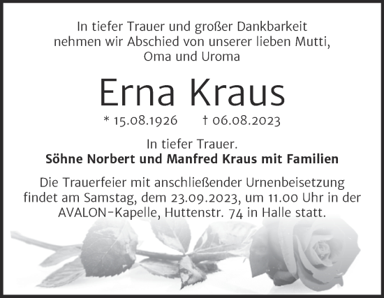 Traueranzeige von Erna Kraus von Mitteldeutsche Zeitung Halle/Saalkreis