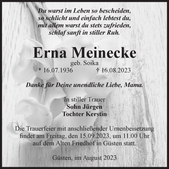 Traueranzeige von Erna Meinecke von Volksstimme Staßfurt
