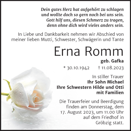 Traueranzeige von Erna Romm von Mitteldeutsche Zeitung Köthen