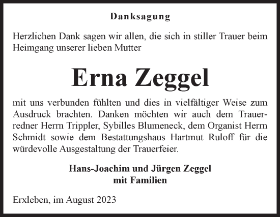 Traueranzeige von Erna Zeggel von Volksstimme Haldensleben/Wolmirstedt