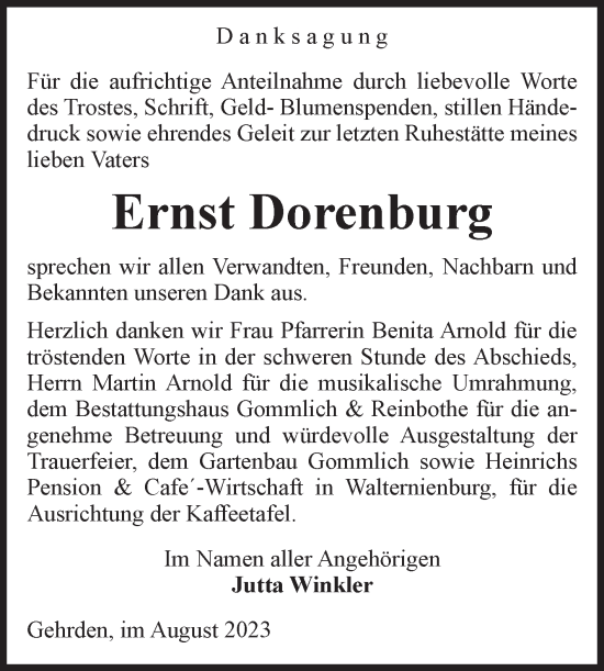 Traueranzeige von Ernst Dorenburg von Volksstimme Zerbst