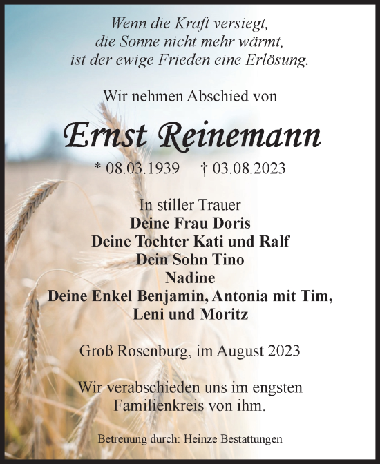 Traueranzeige von Ernst Reinemann von Volksstimme Schönebeck