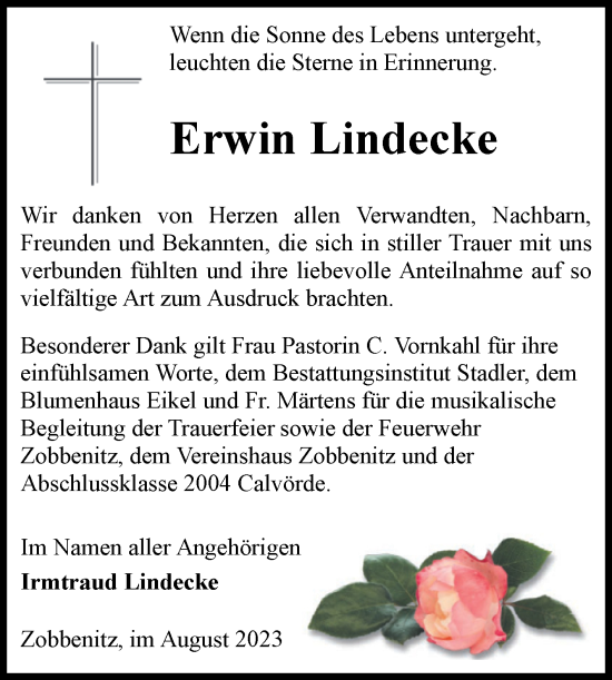 Traueranzeige von Erwin Lindecke von Volksstimme Haldensleben/Wolmirstedt