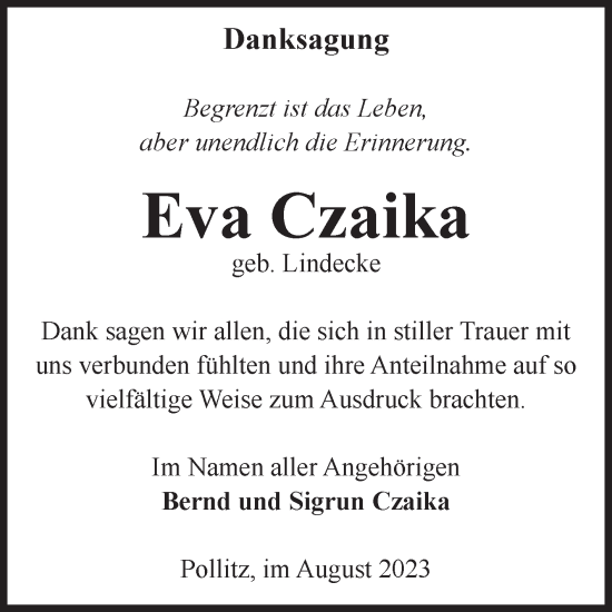 Traueranzeige von Eva Czaika von Volksstimme Altmark Ost