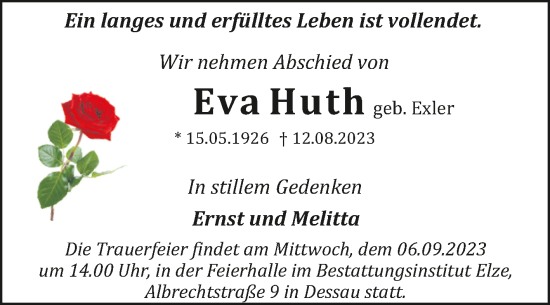 Traueranzeige von Eva Huth von Trauerkombi Dessau