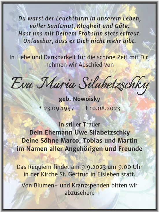 Traueranzeige von Eva-Maria Silabetzschky von Trauerkombi Mansfelder Land