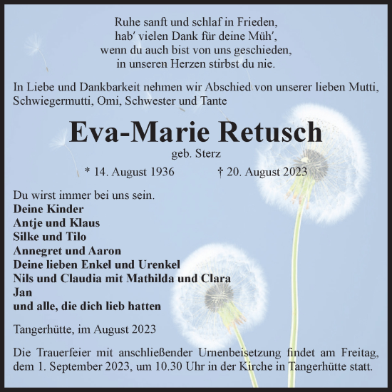 Traueranzeige von Eva-Marie Retusch von Volksstimme Altmark Ost