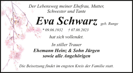 Traueranzeige von Eva Schwarz von Trauerkombi Dessau