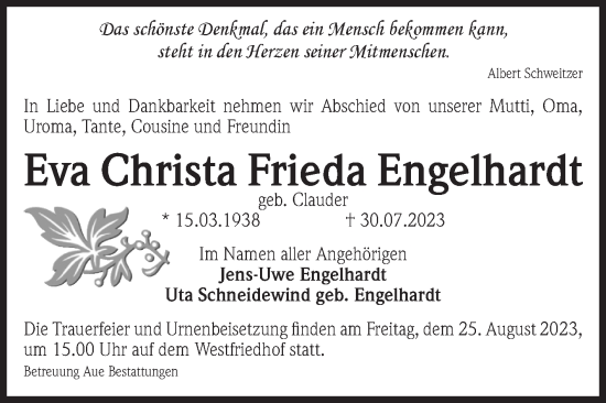 Traueranzeige von Eva Christa Frieda Engelhardt von Volksstimme Magdeburg