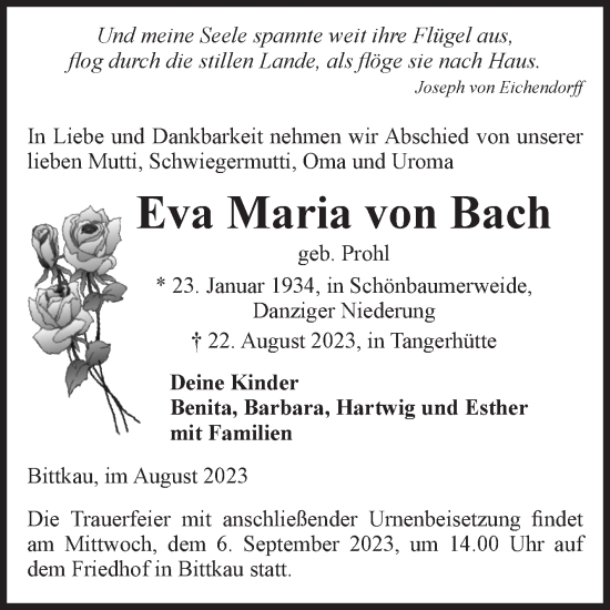 Traueranzeige von Eva Maria von Bach von Volksstimme Altmark Ost