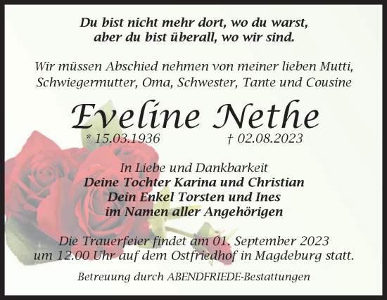 Traueranzeige von Eveline Nethe von Volksstimme Magdeburg