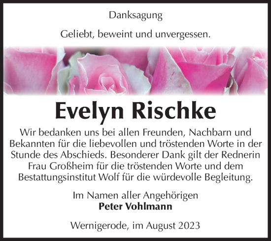 Traueranzeige von Evelyn Rischke von Volksstimme Wernigerode