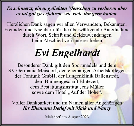 Traueranzeige von Evi Engelhardt von Trauerkombi Quedlinburg