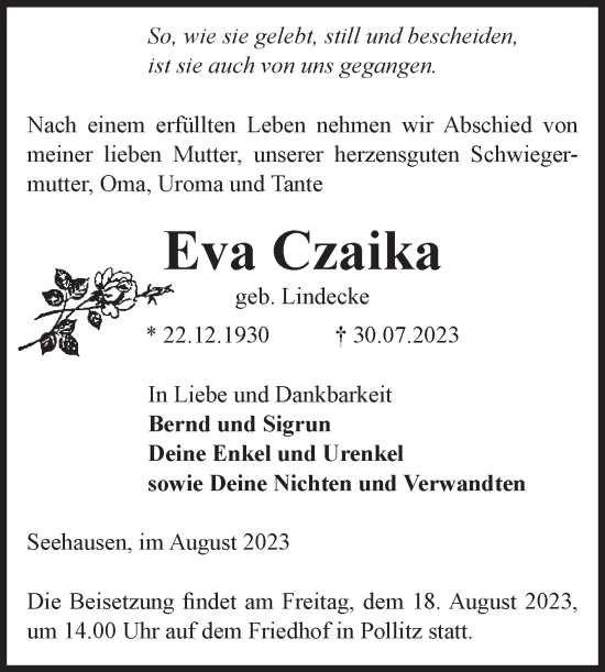 Traueranzeige von Evy Czaika von Volksstimme Altmark Ost