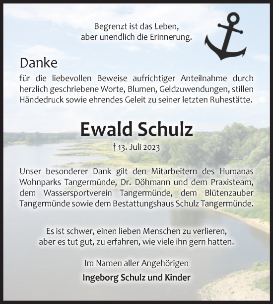 Traueranzeige von Ewald Schulz von Volksstimme Altmark Ost