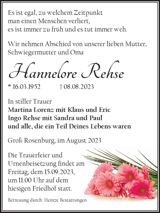Traueranzeige von Hannelore Rehse von Volksstimme Schönebeck