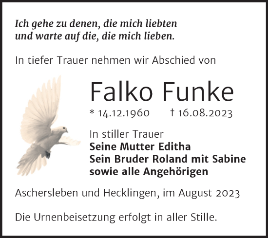 Traueranzeige von Falko Funke von Trauerkombi Aschersleben